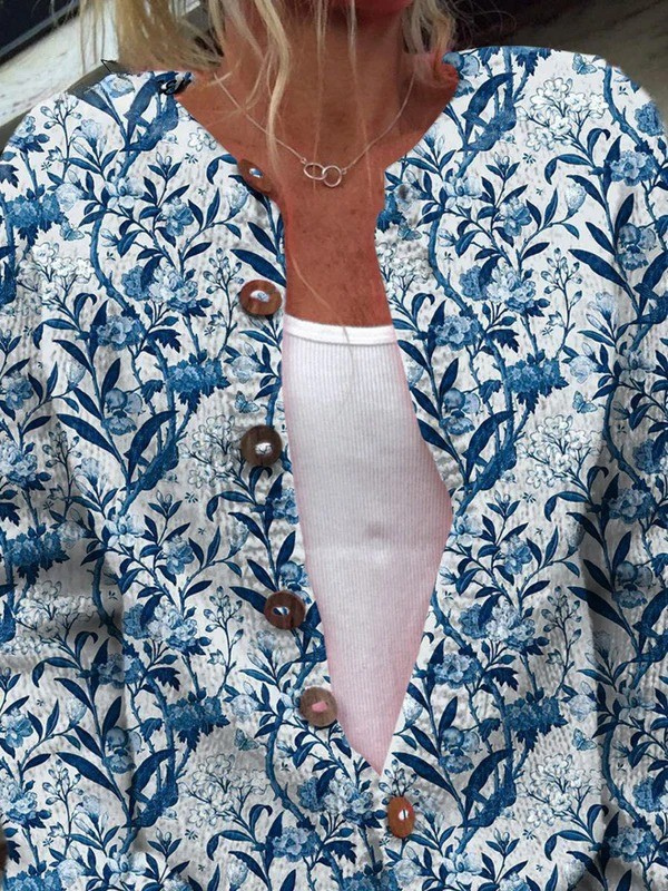 Elegantní modro-bílý květinový vzorovaný cardigan s knoflíky