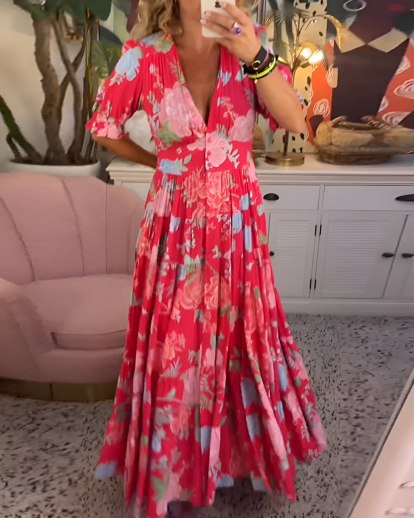 Janet | Elegantní šaty s květinovým potiskem a výstřihem do V